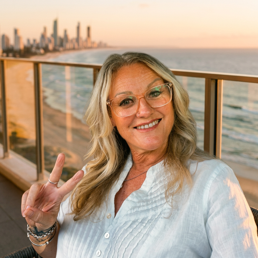 Debbie-Jane Harris on a Gold Coast balcony at golden hour